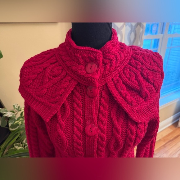 Aran Crafts Ireland Merino Wool Cable Knit Long Cardigan Red Women’s Sz XS NWOT - Picture 2 of 13